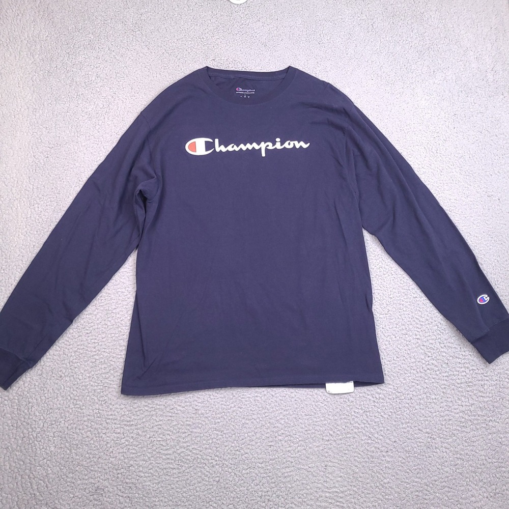 Champion Shirt Mens Large Navy Blue Long Sleeve T-Shirt Logo‎ Athleticwear